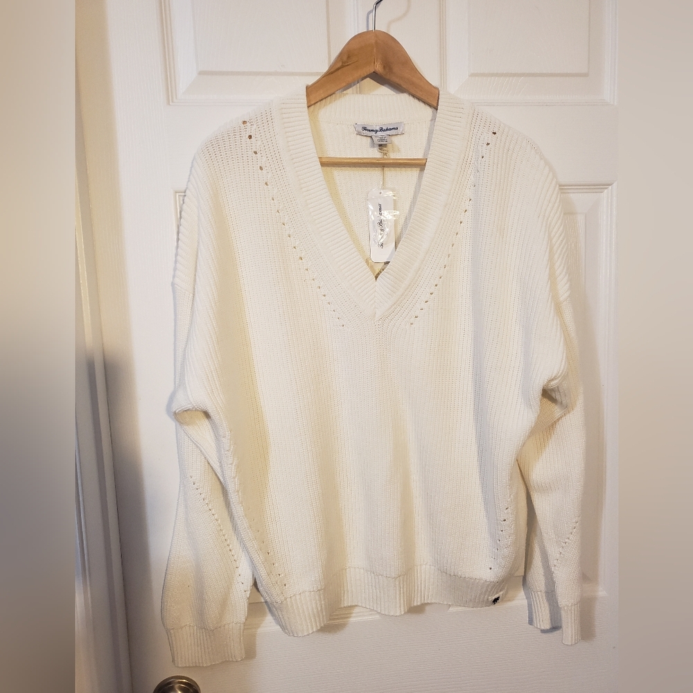 Tommy Bahama White 100% Cotton V-Neck Sweater, XL